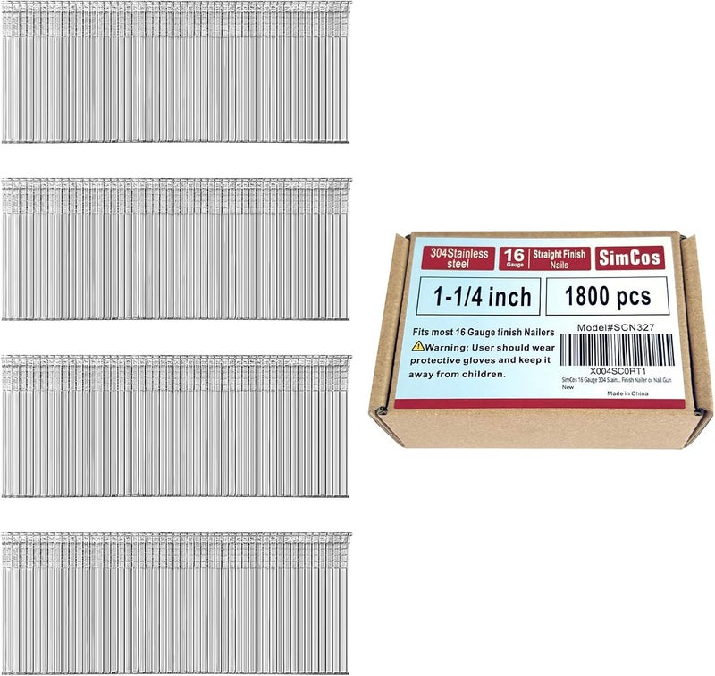 SimCos 16 Gauge 304 Stainless Steel Straight Finish Nails, Assorted Size Project Pack for Pneumatic, Electric Finish Nailer or Nail Gun (1-1/4 inch-1800 pcs) - Image 1